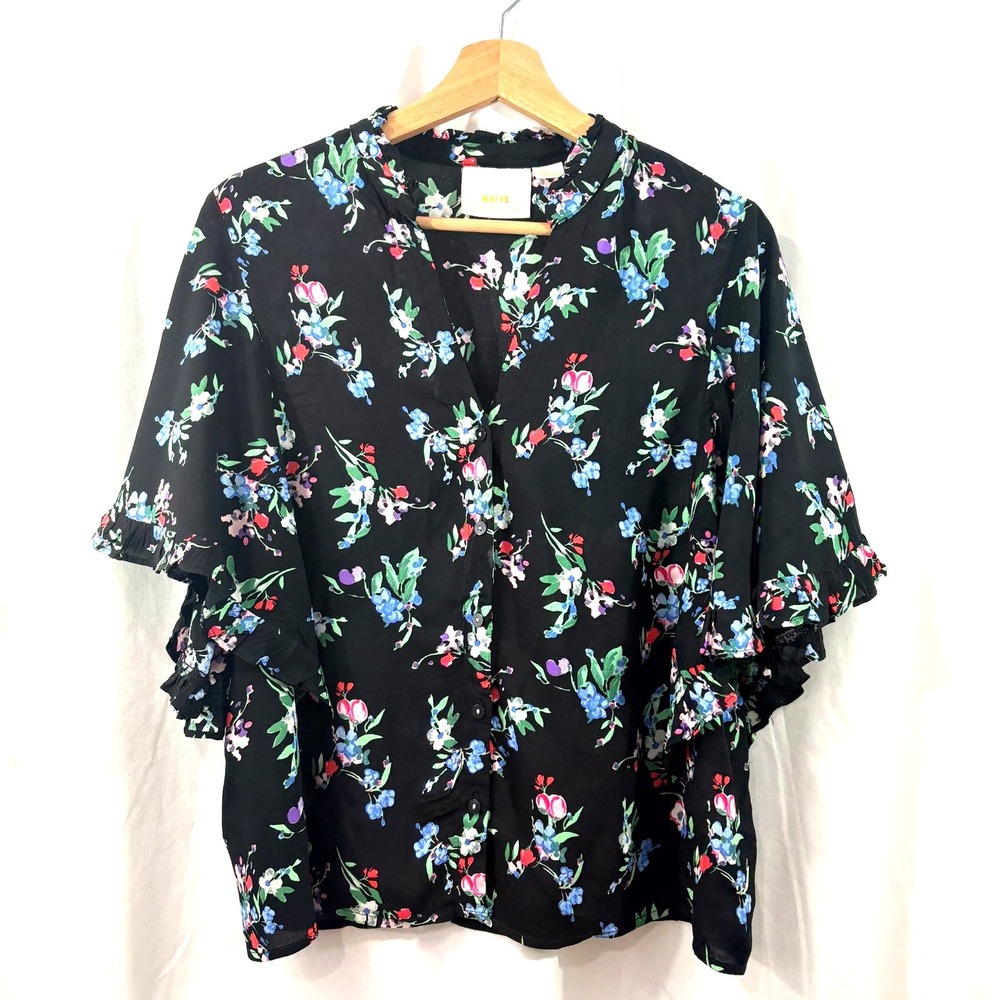 Maeve by Anthropologie Black Floral Blouse Women's Medium Flutter Sleeve Ruffle